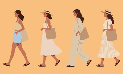 flat vector illustration of four stylish women with summer clothes walking