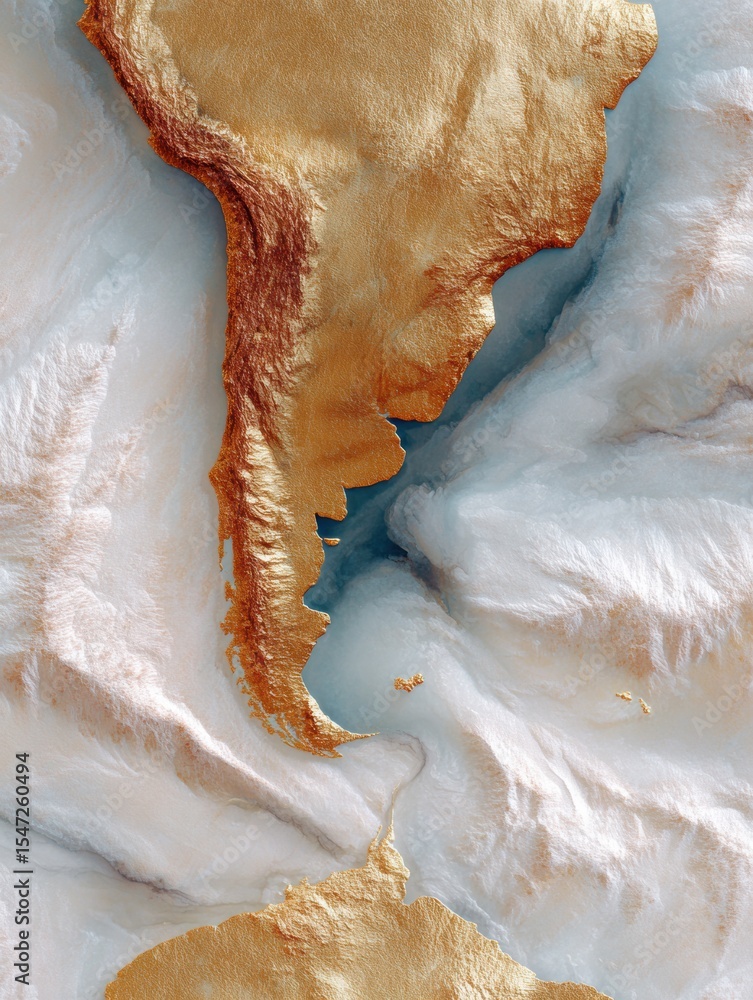 Poster modern topographic map of south america in orbital view with detailed terrain and atmospheric layers