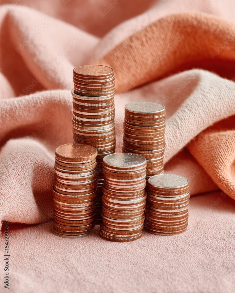 Aufkleber modern tangible asset concept with neatly stacked coins on textured fabric - visualizing wealth buil