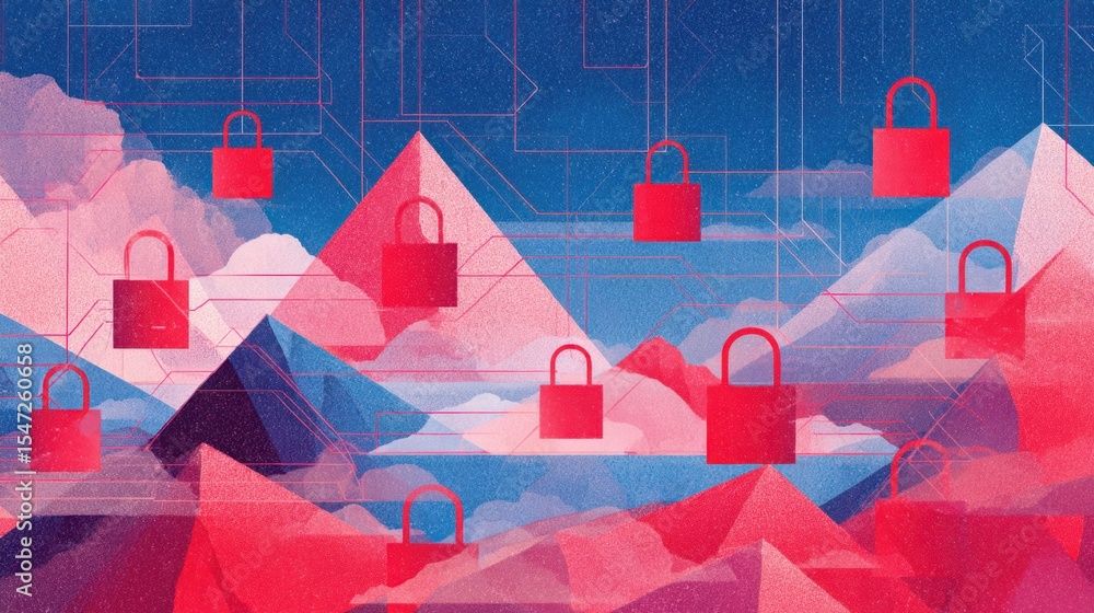 Poster digital fortress: a vibrant abstract landscape of mountains and clouds secured by red padlocks and a