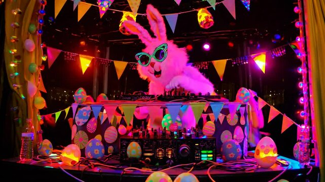 Pink Easter bunny DJ performing at colorful decorated party with eggs and garlands, symbolizing spring celebration, playfulness, fantasy, and cheerful holiday atmosphere