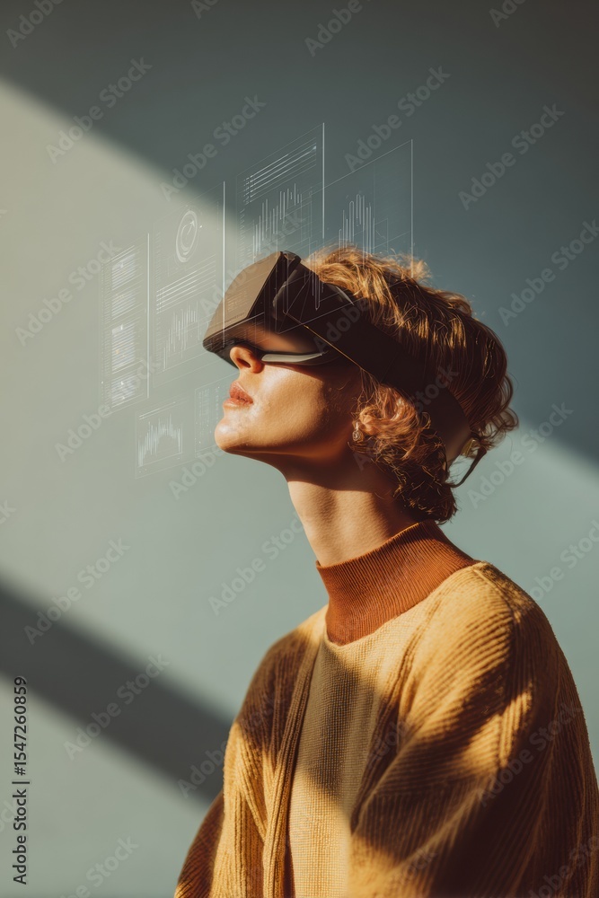Poster millennial woman using vr headset with floating holographic data visualizations in modern office, sh
