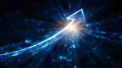 Glowing blue arrow made of particles and light beams pointing upward against dark background, representing growth, success and digital transformation.