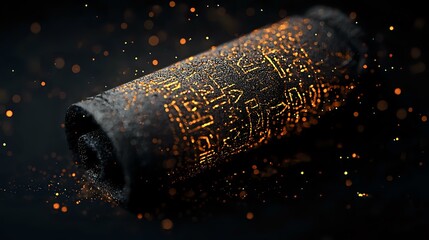 Ancient scroll with glowing golden hieroglyphs and mysterious symbols floating in dark space surrounded by magical sparks and ethereal smoke effects.