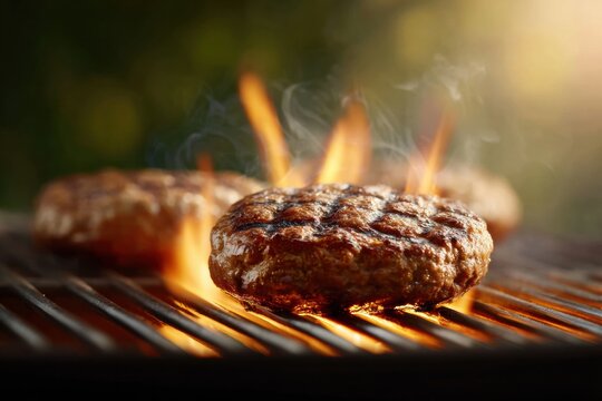 Juicy Grilled Hamburgers on Flame-Kissed Barbecue Grill with Char Marks for Outdoor Cooking and Summer Barbecue Equipment Promotion