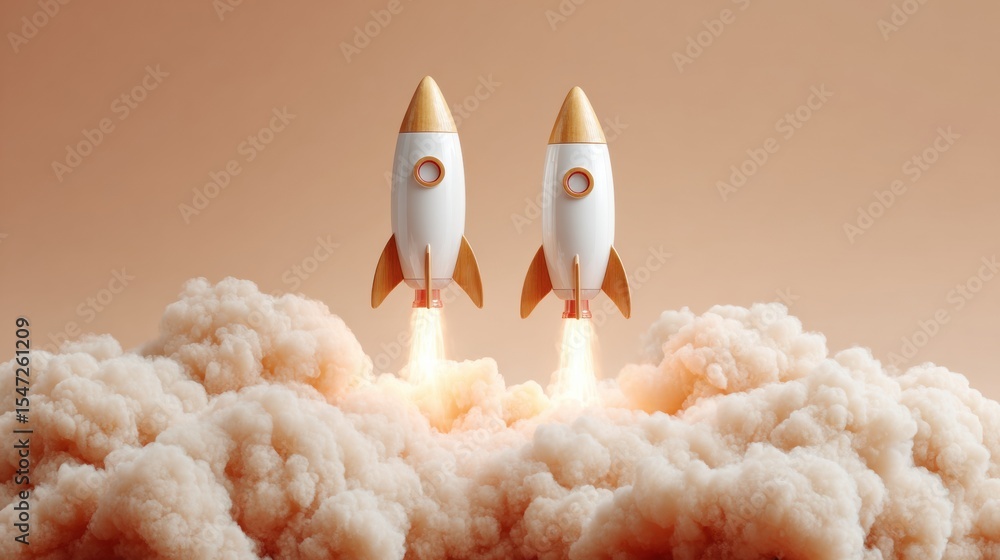 Poster futuristic cartoon rocket launch with ignited engines and exhaust flames on soft cloud background fo