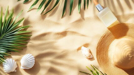 Sandy beach scene with sunscreen and seashells.