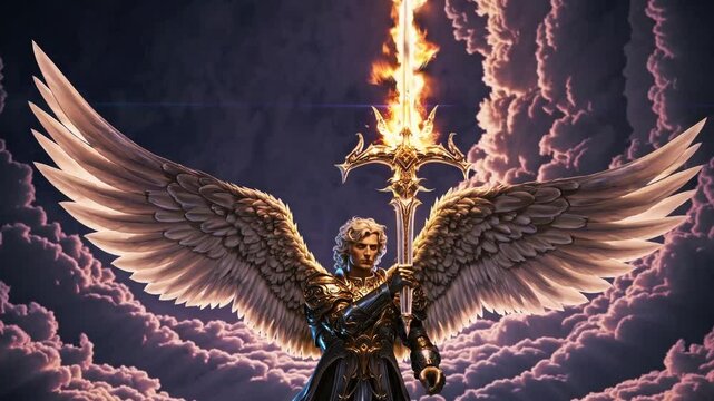 Powerful armored archangel Michael with flaming sword standing amid storm clouds and lightning, symbolizing divine wrath, heavenly judgment, celestial strength, and spiritual warfare