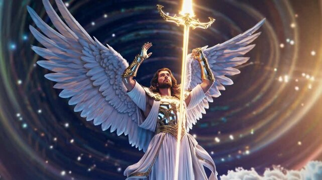 Majestic archangel Michael with radiant wings and glowing sword surrounded by swirling divine light, symbolizing protection, celestial power, divine justice, and heavenly glory