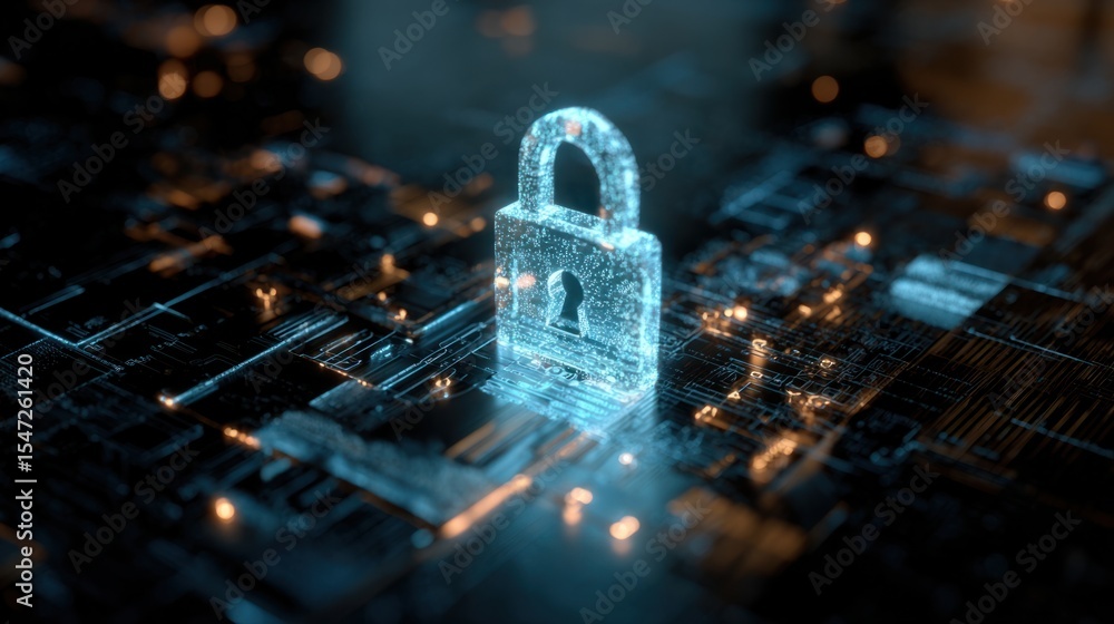Poster digital security lock glowing on a futuristic circuit board: protecting data in the cyber age