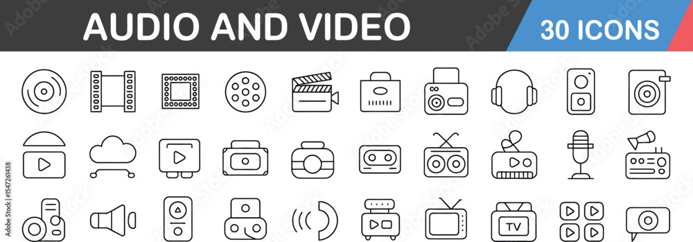 Poster audio and video icons set with multimedia camera and microphone