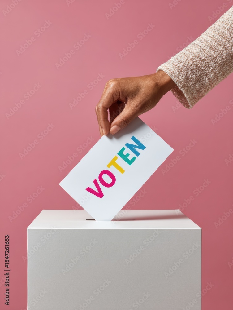 Poster minimalist social voting concept with registered voter hand inserting ballot paper into box for civi