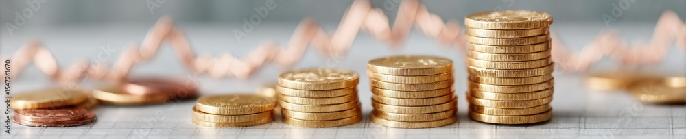Poster Stacked gold coins in ascending order on grid surface with trending market graph background for wealth management and strategic financial planning in luxury asset allocation
