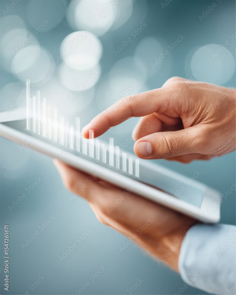 Poster Businessman Using Tablet with Digital Financial Charts Overlay for Data-Driven Portfolio Management and Investment Analysis in Tech-Driven Finance