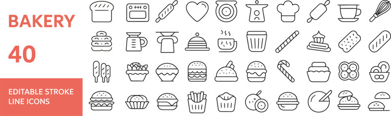Bakery editable stroke line icons isolated on white background