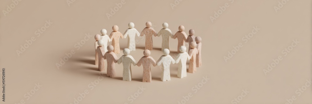Poster inclusive wooden figures arranged in circle with universal design symbols on neutral background, sym