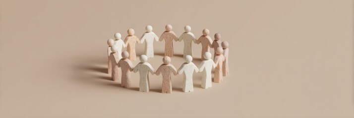 Inclusive wooden figures arranged in circle with universal design symbols on neutral background, symbolizing disability inclusion for nonprofit marketing and community unity