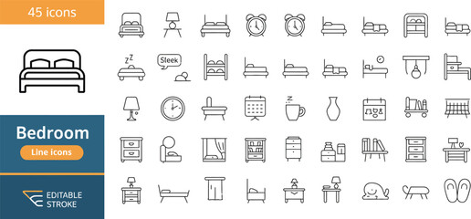 Bedroom line icons featuring beds and furniture for sleep and rest