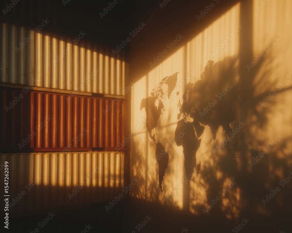 Poster warm sunset light casting world map silhouette over stacked cargo containers representing global tra