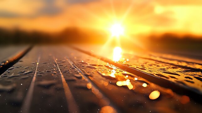 Raindrops on wooden deck boards reflecting golden sunset light with dramatic sun rays and bokeh effect creating atmospheric nature background.