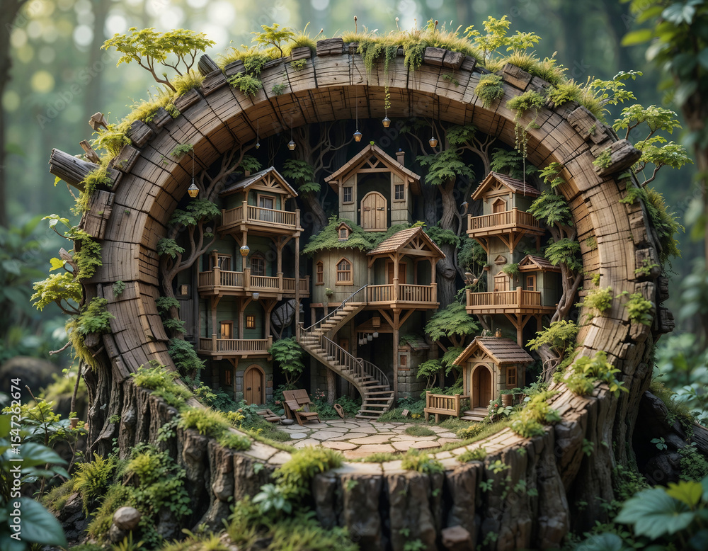 Poster miniature construction and building inside a stump. generative ai