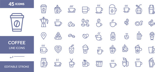 Coffee line icons with editable stroke isolated on white background