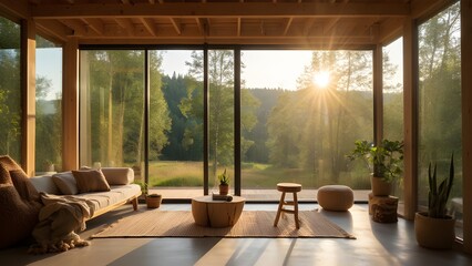Fototapeta premium Modern wooden cabin living room with sunset view