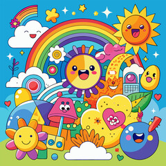 colorful, vibrant, cartoon, whimsical, sun, rainbow, clouds, musical notes, flowers, smiling faces, playful, happy, cheerful, energetic, fun, quirky, imaginative, cartoon style, digital art
