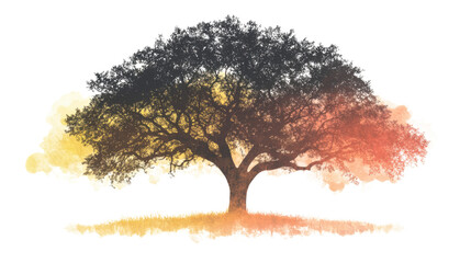 Fototapeta premium Tree with dark leaves silhouetted against a vibrant sunset sky behind the tree isolated on white background