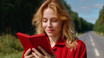 Woman with red hair reading a book outdoors on a sunny day