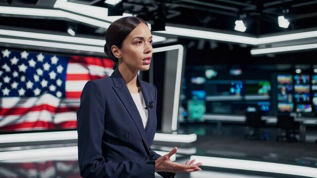 Serious female news anchor in a modern television studio with American flag, delivering breaking news and government updates, media journalism, politics, national issues, live broadcast concept