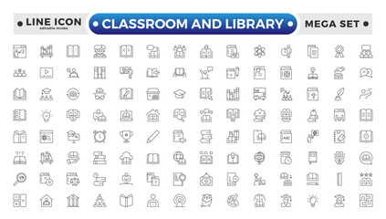 Classroom and Library Outline icon set. study space icon, quiet area badge, library tag, group study file, classroom environment board, study room chart. Editable stroke outline icon.