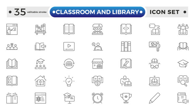 Classroom and Library Outline icon set. study space icon, quiet area badge, library tag, group study file, classroom environment board, study room chart. Editable stroke outline icon.