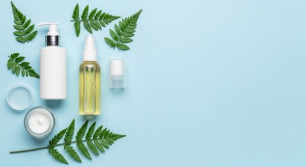 Natural skincare products with fern leaves on blue background