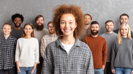 Diverse group of young adults smiling and standing together indoors against a gray background