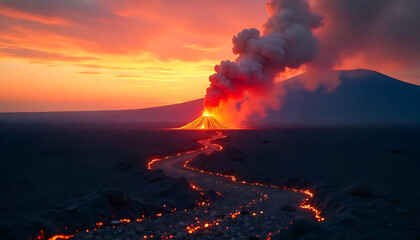 fiery volcanic eruption, dramatic orange and red sky, glowing lava flowing down mountainside, billowing ash and smoke, stunning natural disaster scene, dramatic landscape with volcanic activity, 4K 