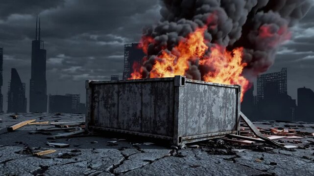 Large industrial dumpster on cracked ground engulfed in flames, urban fire disaster, destruction, burning trash, apocalyptic scene, crisis, danger, environmental damage, copy space