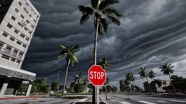 Urban street scene with palm trees and stop sign under dramatic stormy sky, hurricane warning, severe weather, climate danger, natural disaster, emergency preparedness, cityscape, tropical storm, dang