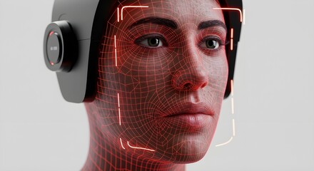 Close-up of an AI facial recognition system scanning a human face, focus on facial grid lines and the scanning process, modern technology and security concept, digital interface, futuristic setting.