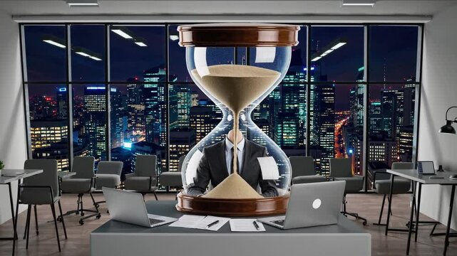 Large hourglass in modern office with panoramic night city view, time management, business deadline, urgency, productivity, countdown, strategy, efficiency, corporate goals, work pressure, passing tim
