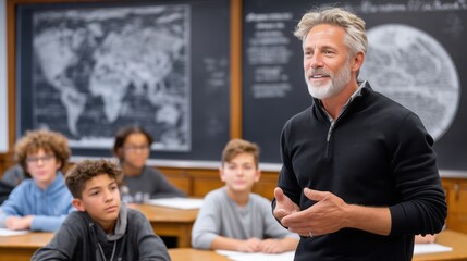 Obraz premium Educator engaging with students in a classroom setting, surrounded by desks and a chalkboard, fostering an interactive learning environment with enthusiasm and support