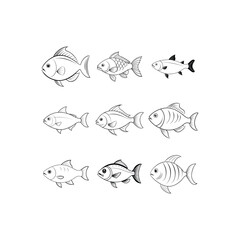 Black and white Fish set illustration for coloring page