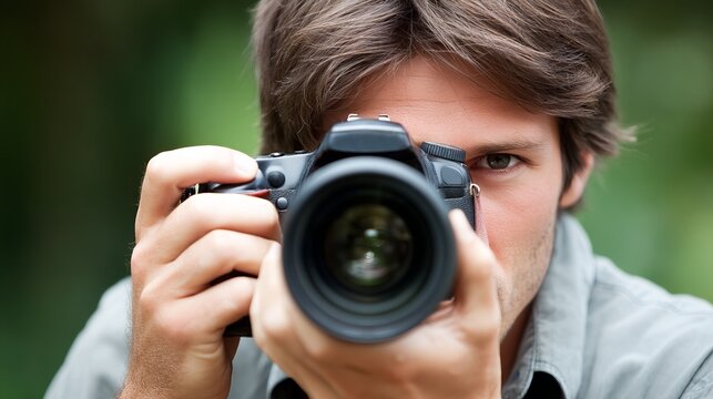 A young man with brown hair takes a photo using a professional camera outdoors