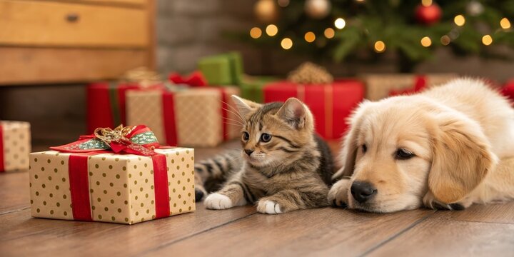 Christmas Kitten and Puppy with Gift, Festive Composition, Holiday Pets, Golden Retriever, Tabby Cat Christmas, Pets