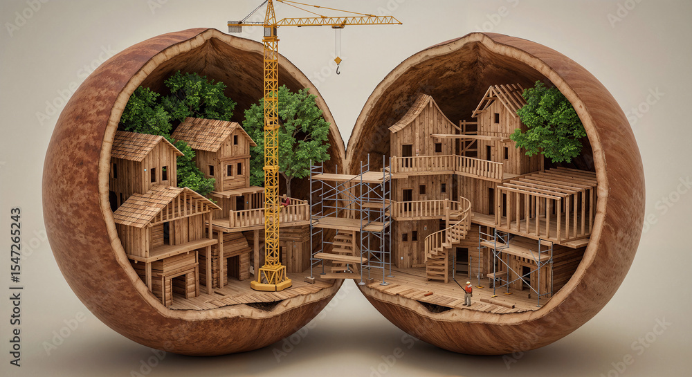 Poster miniature construction and building inside a nut . generative ai