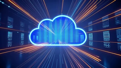 Bright neon cloud symbolizing digital data transfer in a futuristic server room with vibrant lines - Powered by Adobe