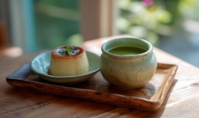 Local tofu pudding cake platter and a ceramic pot of green tea on a rustic wooden tray. Generative AI