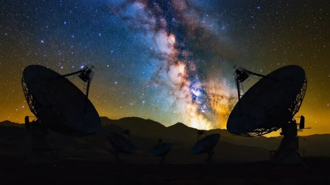 silhouette of radio telescopes with parabolic dish antennas on night sky background