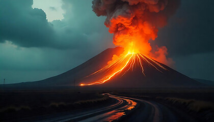 dramatic erupting volcano, fiery lava, billowing ash clouds, dramatic storm clouds, moody lighting, epic landscape, awe-inspiring natural disaster, cinematic and atmospheric, 4K and HD