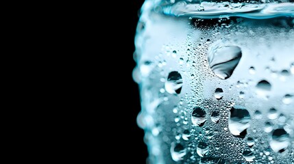 Macro shot of water droplets and condensation on cold glass surface with turquoise blue tint, showing refreshing bubbles and moisture patterns in extreme detail.